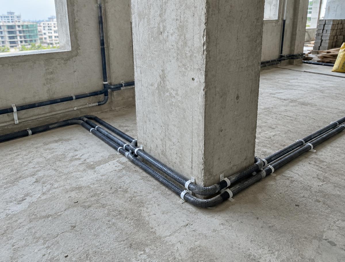 Pipes routed neatly around a structural column