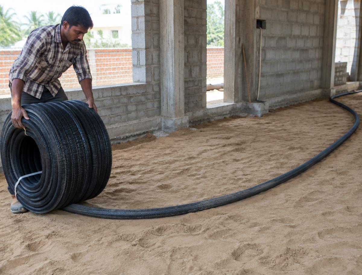 Unrolling pipe across the prepared floor bed