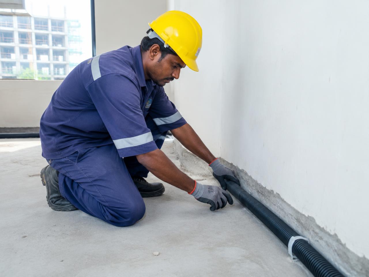 Technician in protective gear routing pipe along a wall before flooring