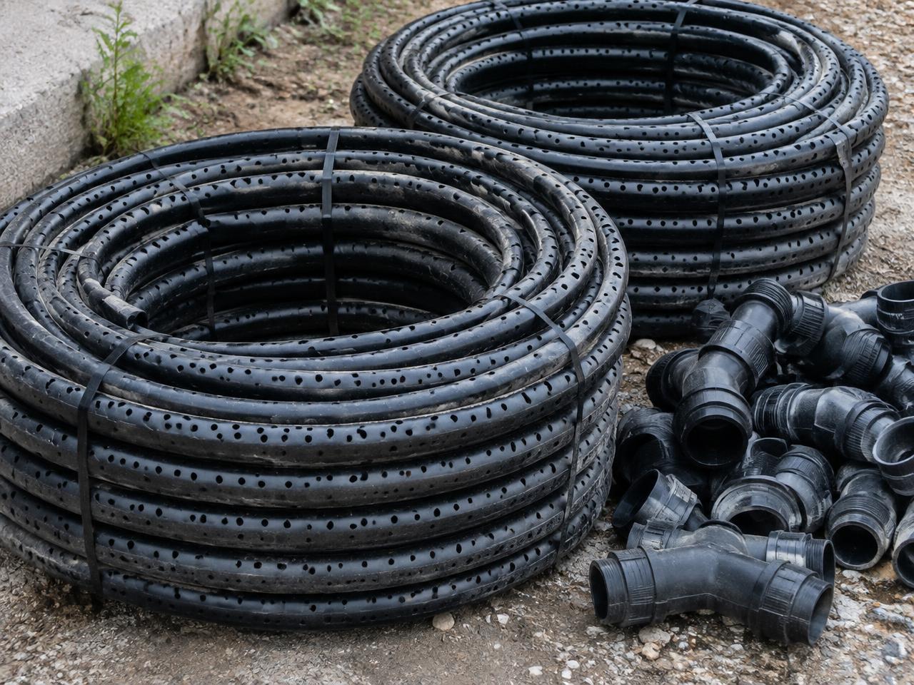 Coils of porous pipe with connector fittings